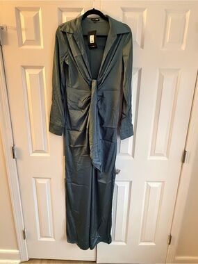 Fashion Nova Satin Jumpsuit in Slate Blue-Green